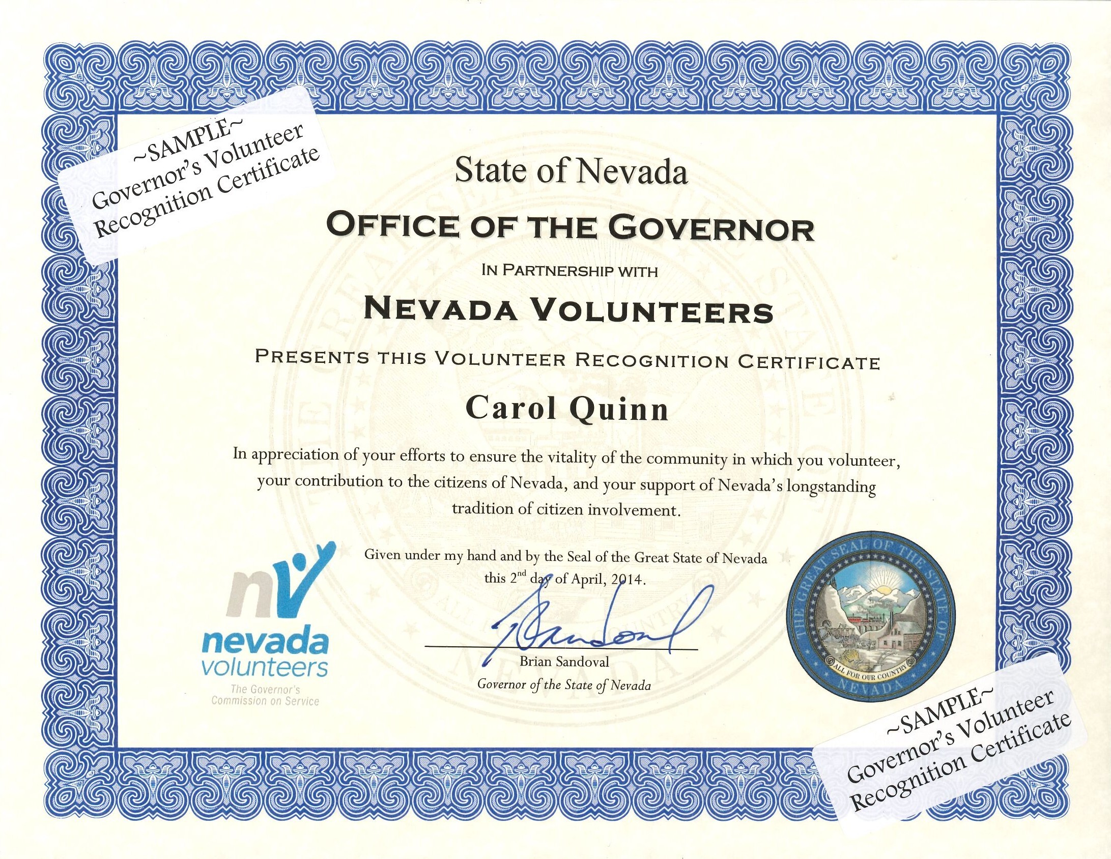 Governor S Volunteer Recognition Certificate Nevada Volunteers